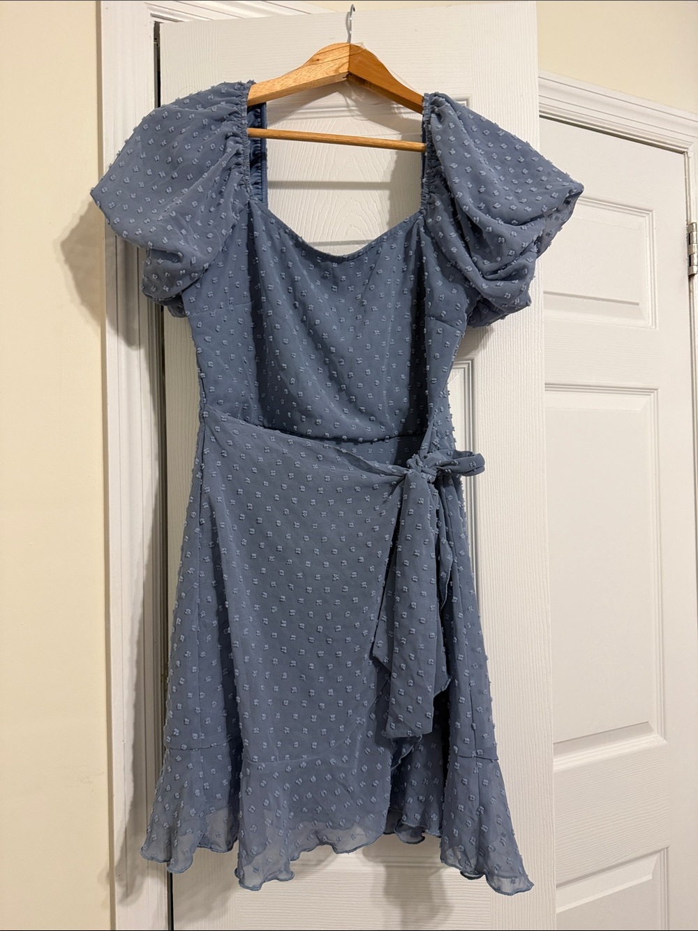 Puff-Sleeve Wrap Dress - Blue
